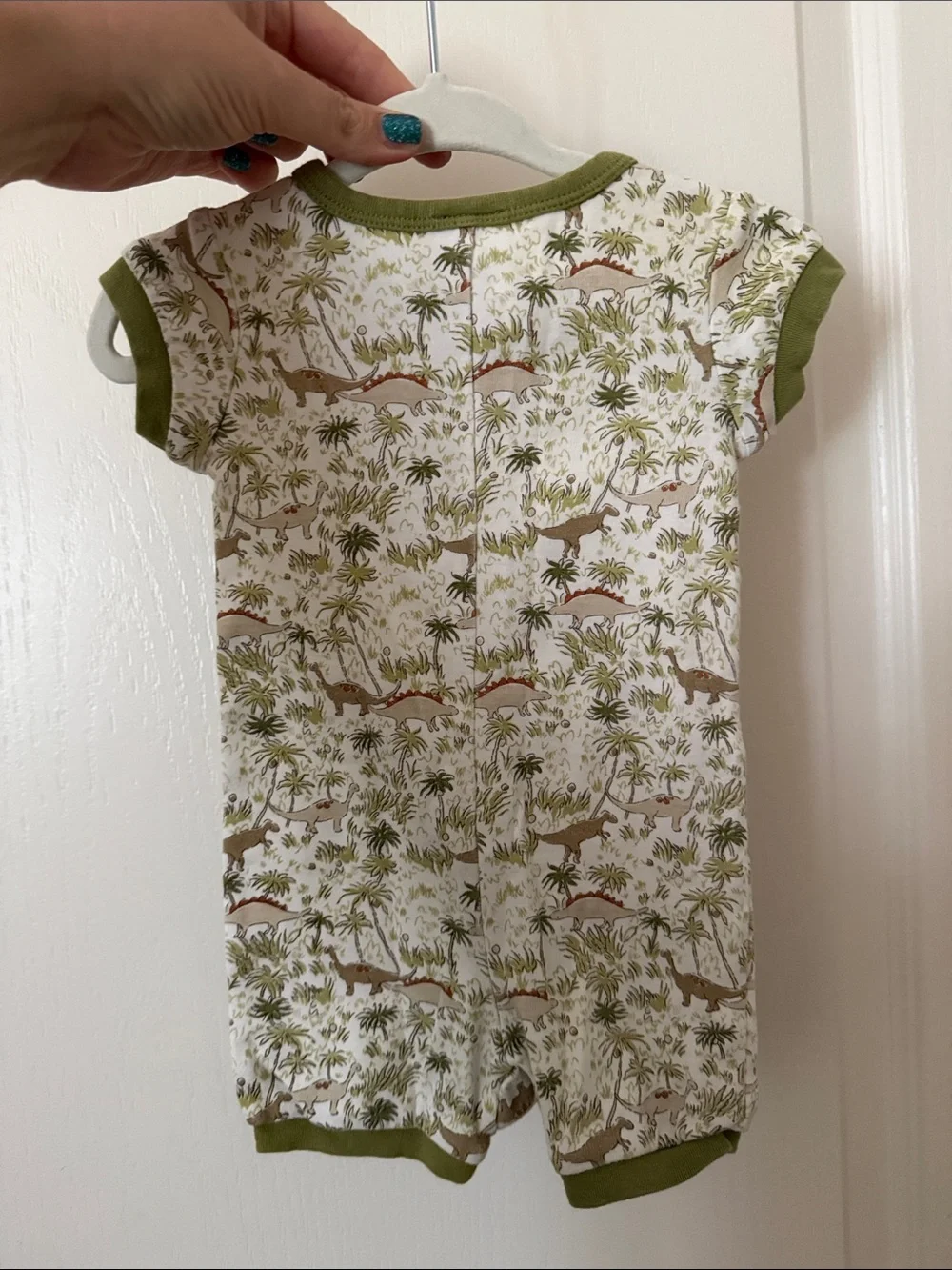 Gymboree White Dino Print Short Sleeve Zipper Romper with Green Trim